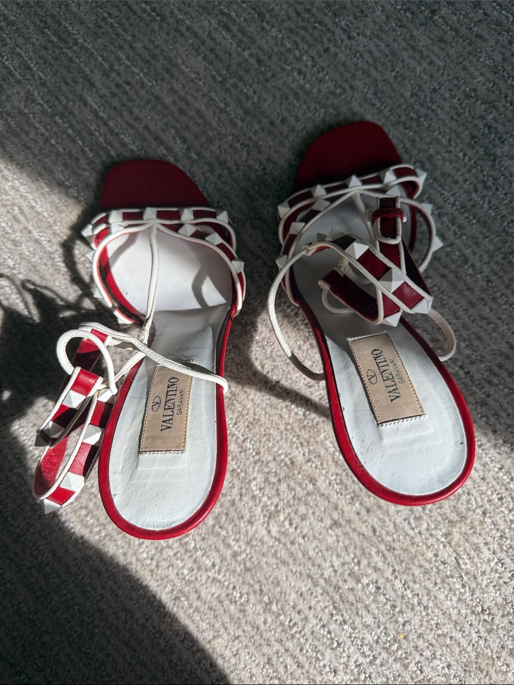 Valentino Red and White Studded Wrap Sandals